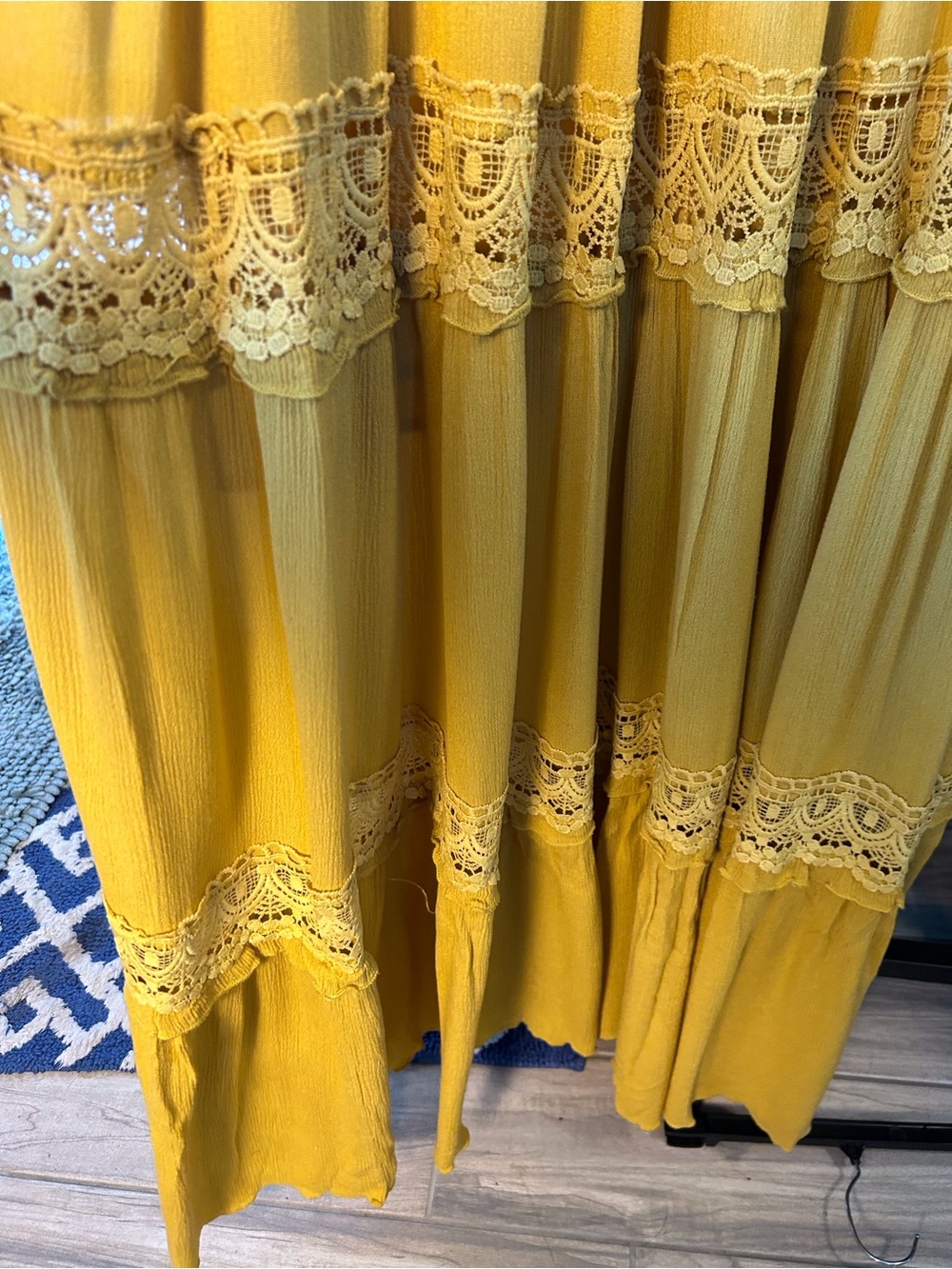 Yellow Lace Tiered Maxi Dress V Neck & Back Sleeveless Large Boho Regency - Picture 3 of 10